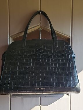 Loeffler Randle Black Croc-Embossed Leather Satchel Bag with Bow Detail